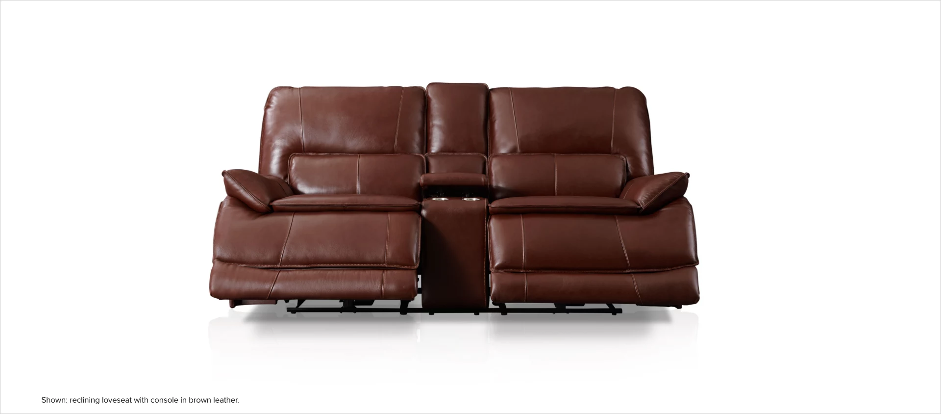 Aston reclining loveseat with console in brown leather.