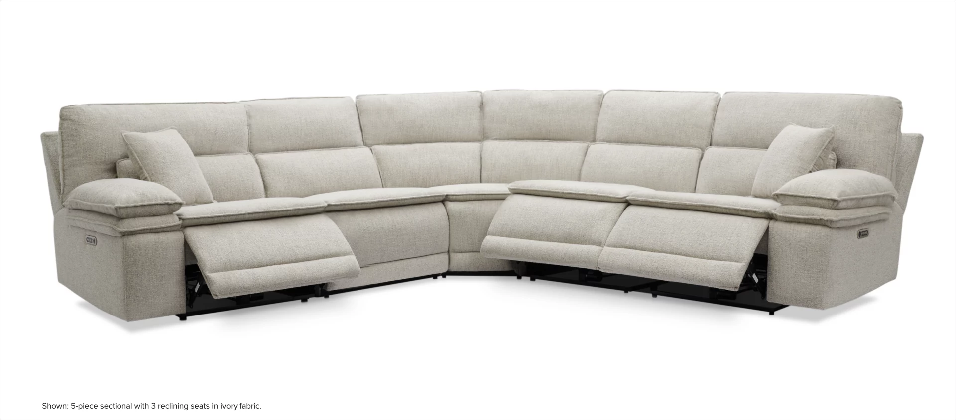 Brookdale 5-piece sectional with 3 reclining seats in ivory fabric.