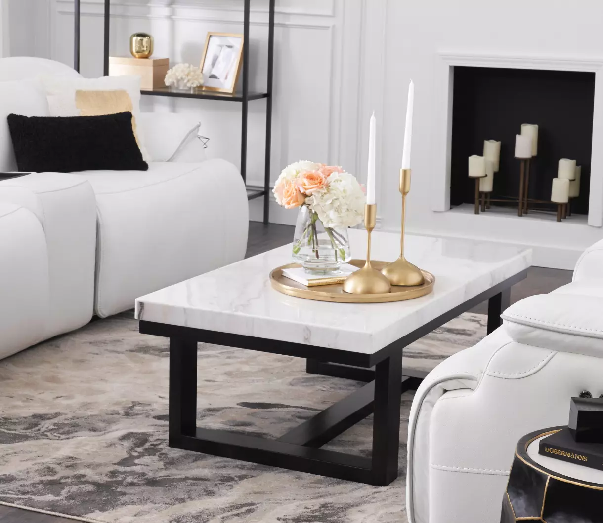 Close up showing accent pieces on Farah's living room coffee table.