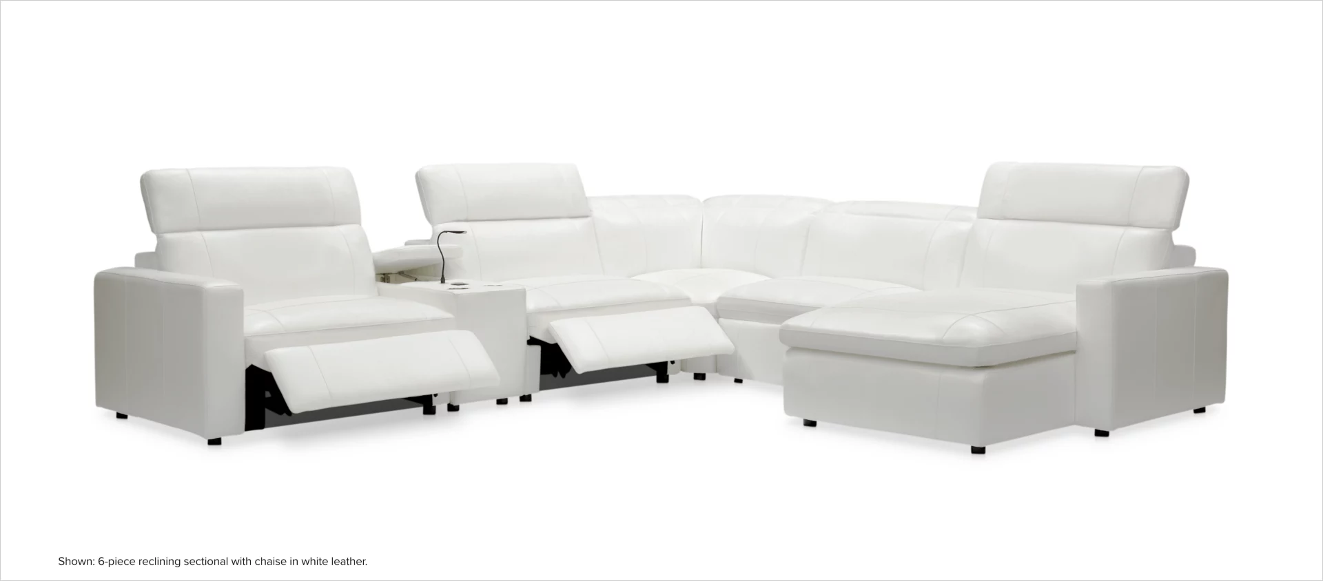 Happy 6-piece reclining sectional with chaise in white leather.