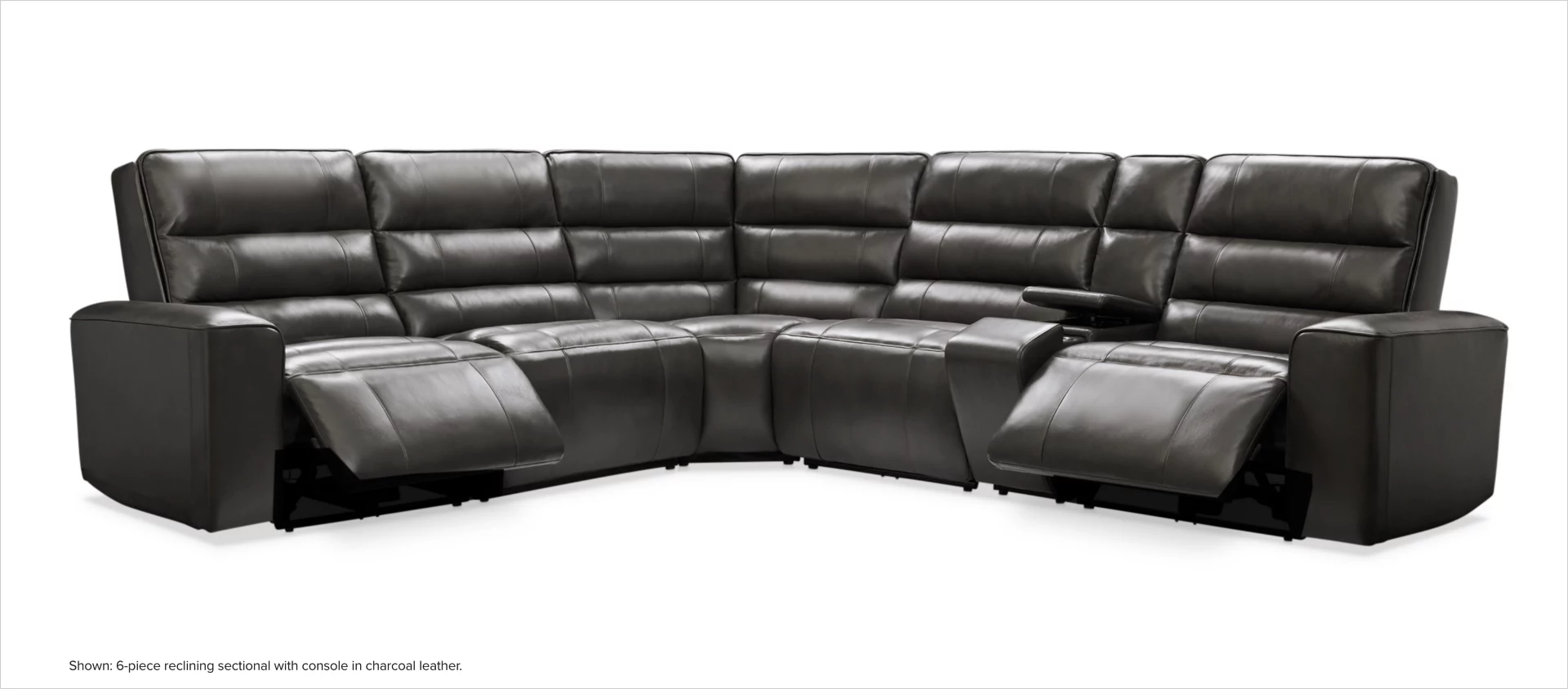 Hartley 6-piece reclining sectional with console in chocolate leather. 