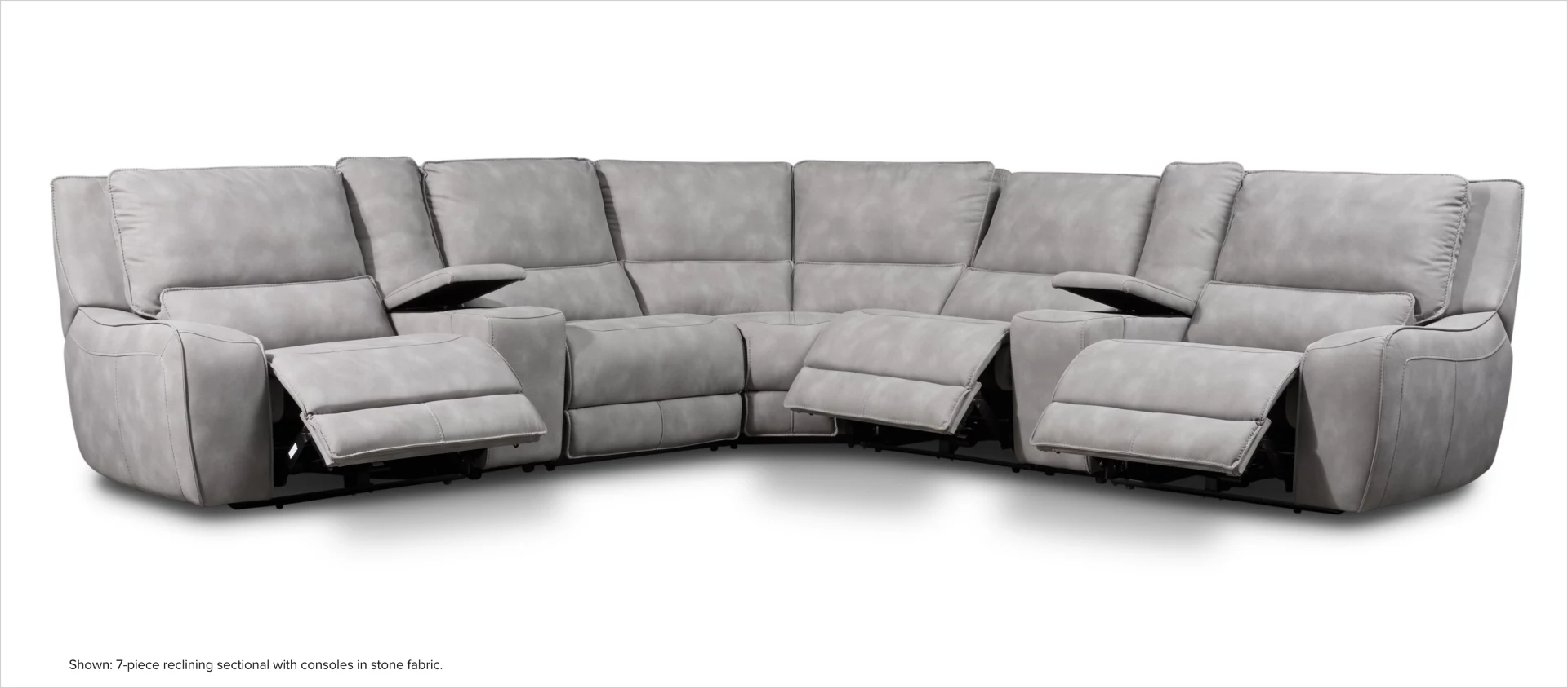 Holden 7-piece reclining sectional with consoles in stone fabric.