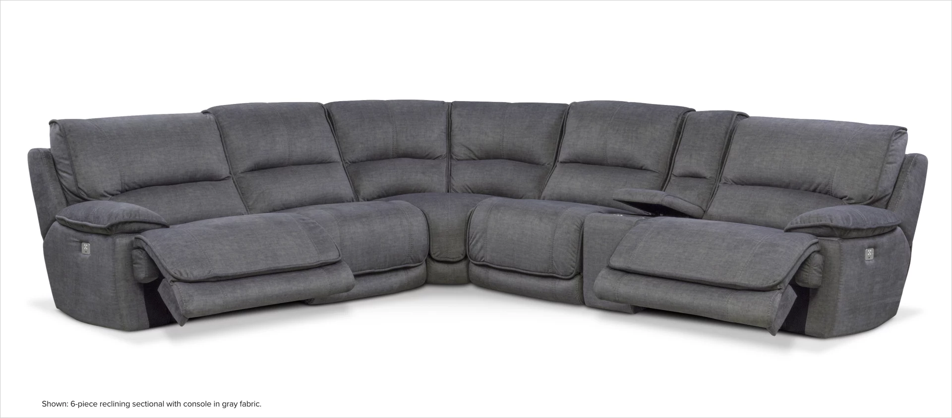 Mario 6-piece reclining sectional with console in gray fabric. 