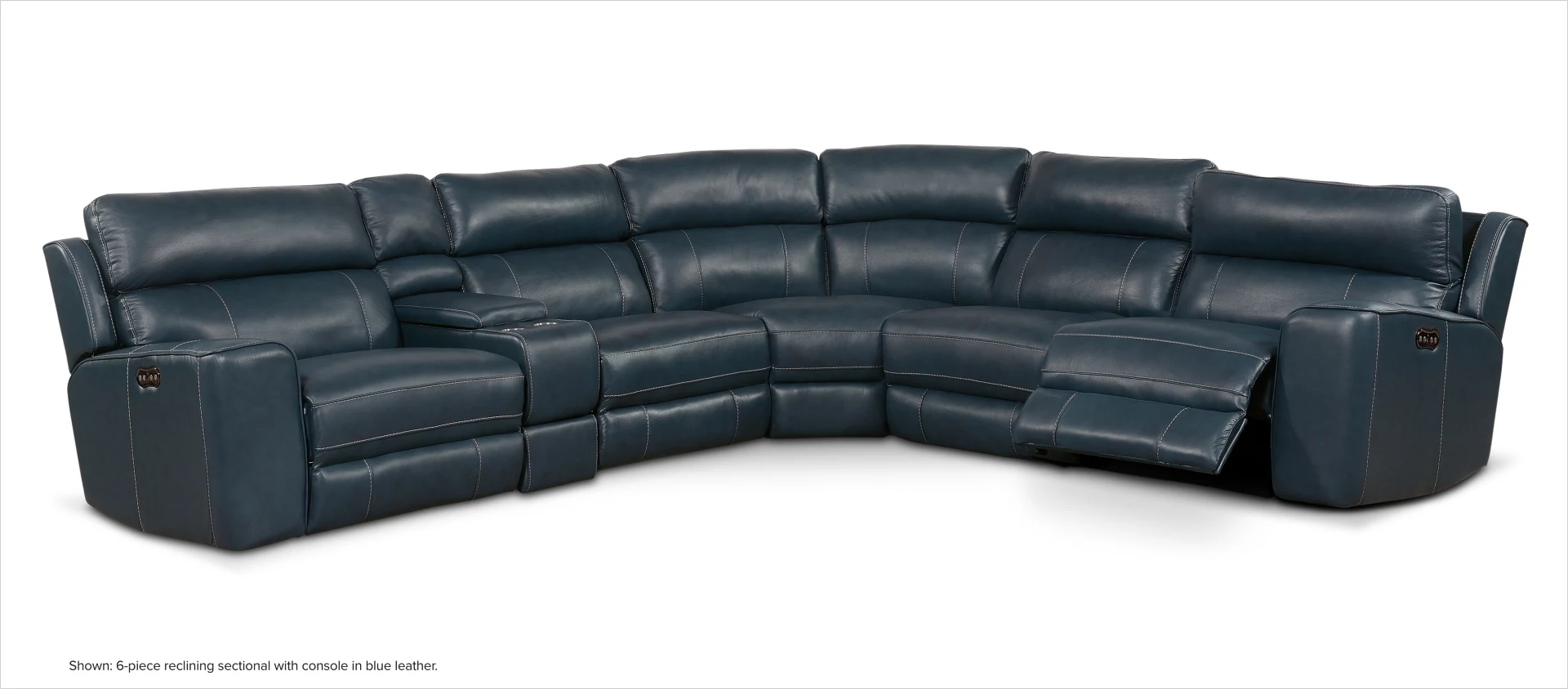 Newport 6-piece reclining sectional with console in blue leather.