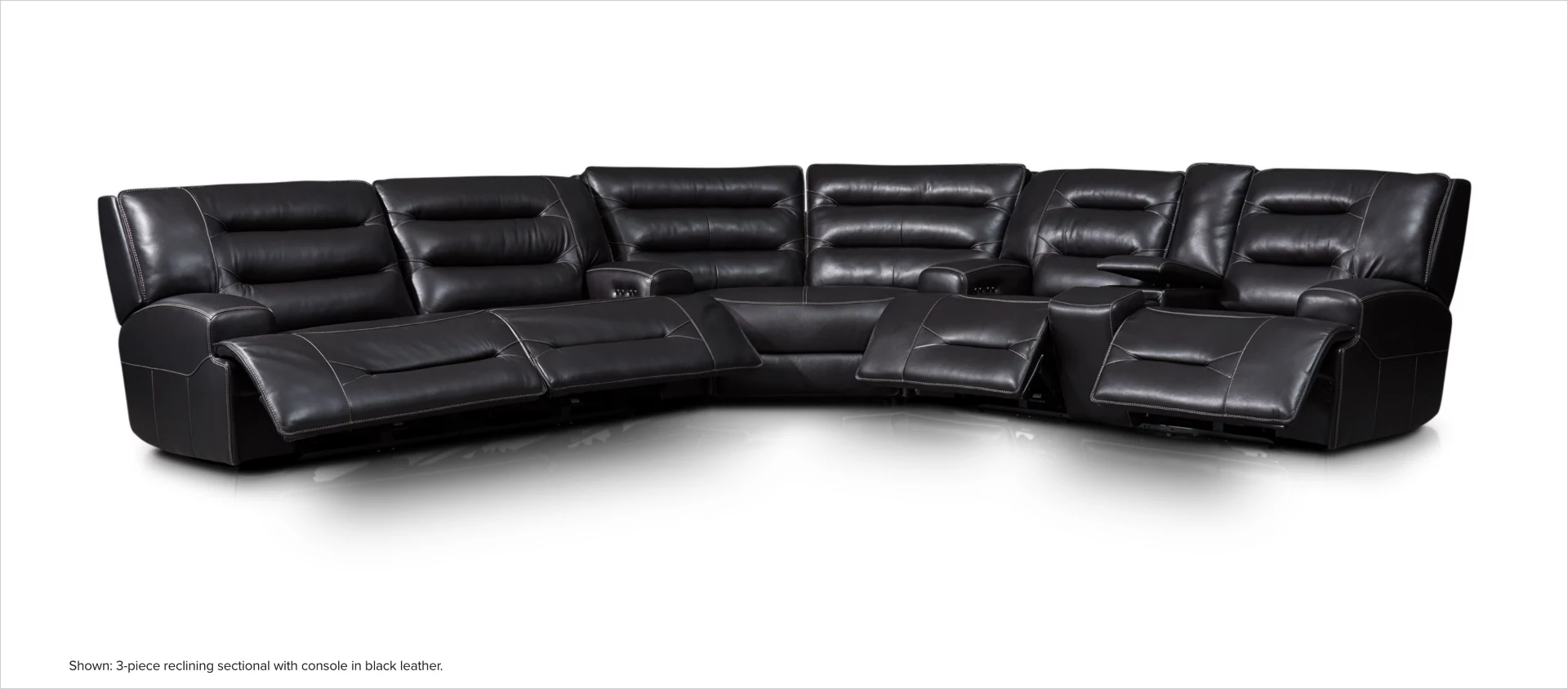 Preston 3-piece reclining sectional with console in black leather. 