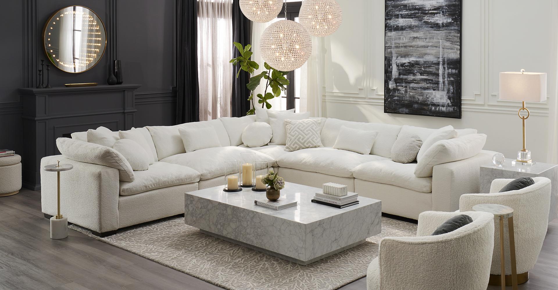 Plush 5 piece sectional in boucle in a room with 2 boucle chairs